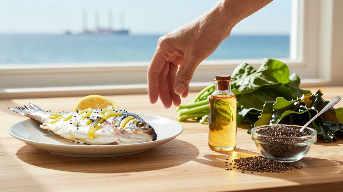 Peixe temperado com azeite, limão e pimenta em prato, mão alcançando-o, com folhas verdes e sementes na mesa.