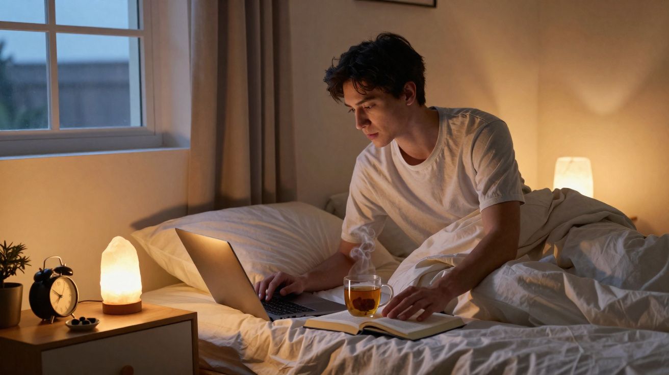Jovem deitado na cama, mexendo no notebook com chá e livro ao lado em ambiente aconchegante e iluminado.