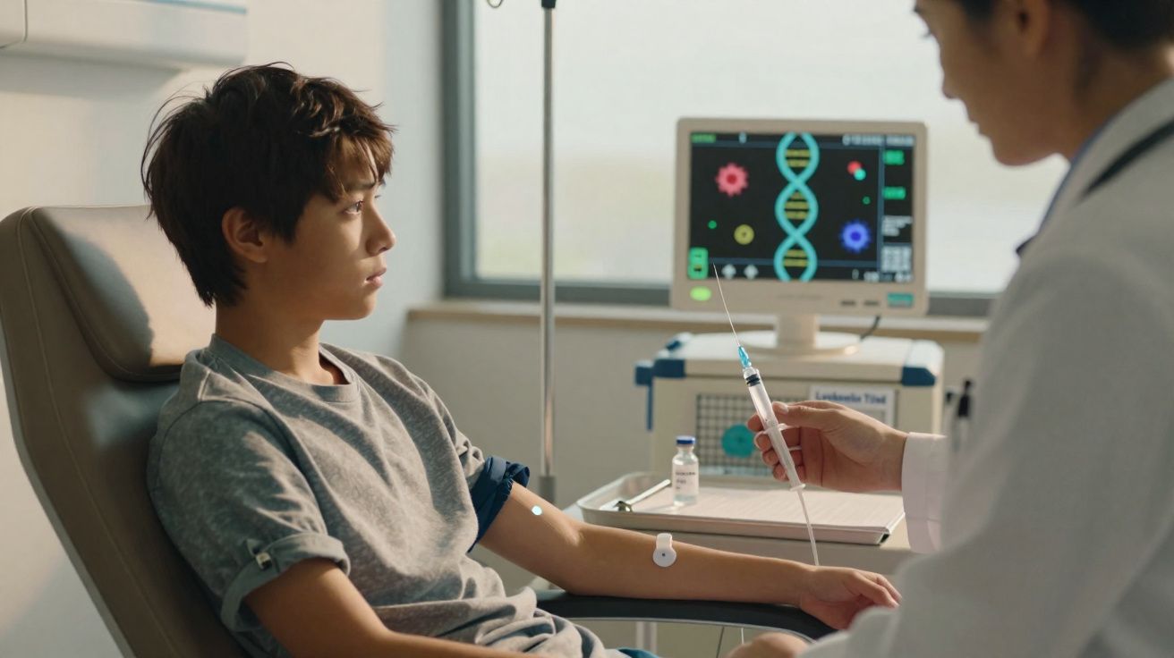 Paciente jovem recebendo tratamento intravenoso com monitor de DNA em fundo hospitalar.