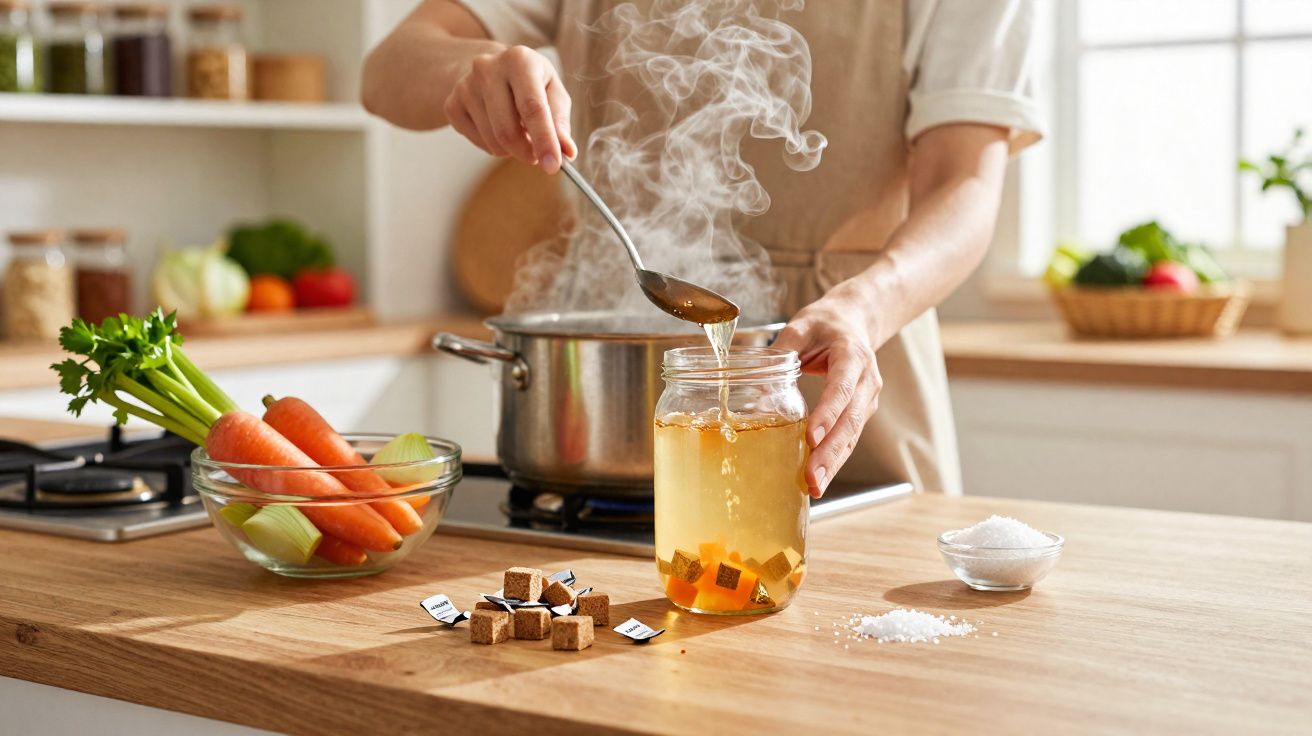 Pessoa despejando caldo quente em jarra com cubos de caldo de legumes na cozinha iluminada.