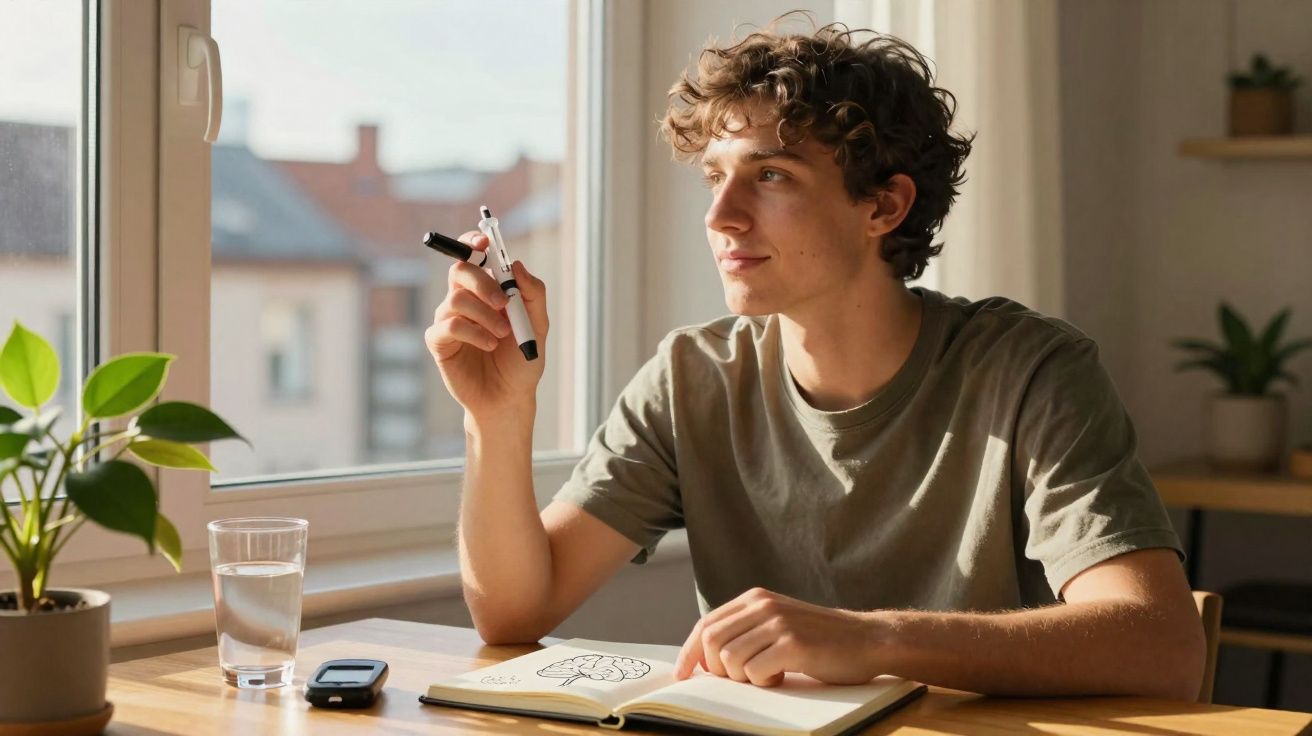 Jovem sentado à mesa com canetas, caderno e medidor de glicose, olhando pela janela em ambiente iluminado.
