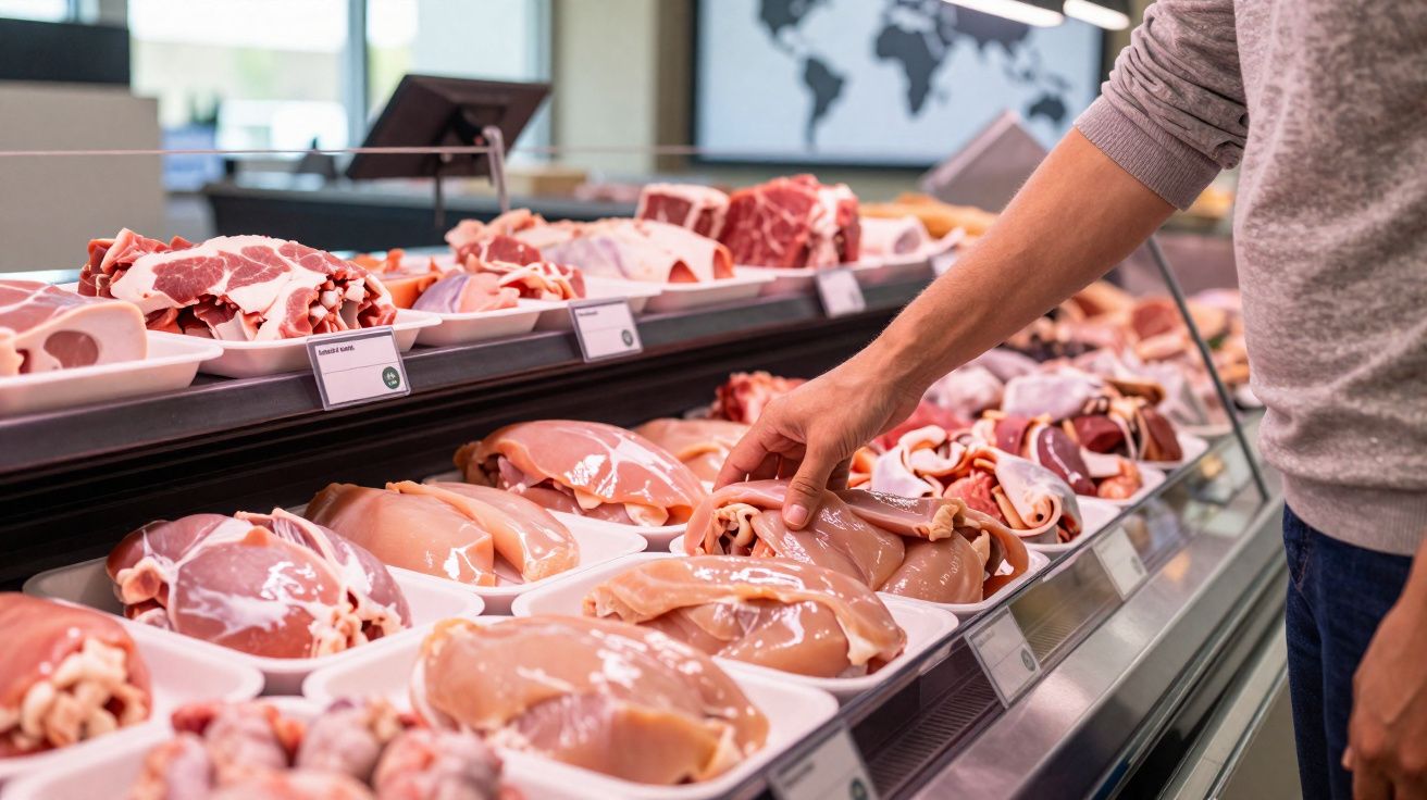 Pessoa escolhendo pedaço de carne crua em açougue com diversas carnes expostas em bandejas brancas.