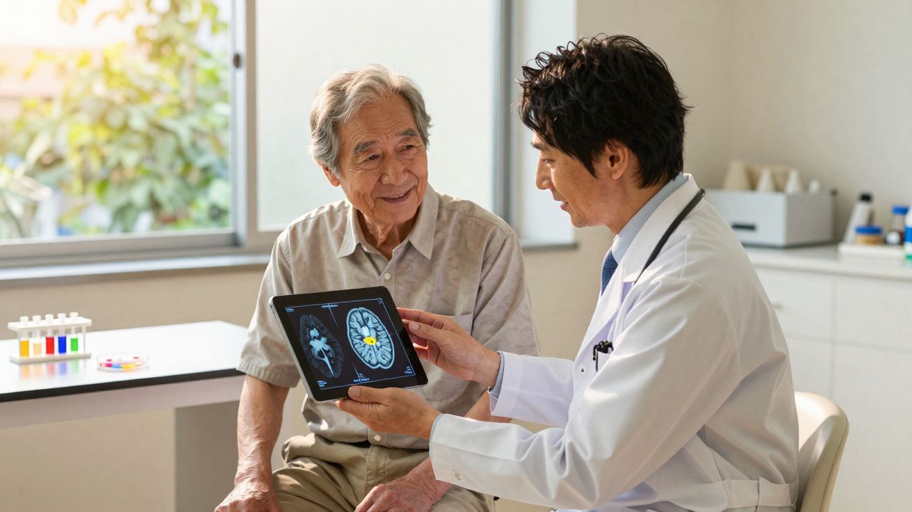 Médico mostrando exame de cérebro em tablet para idoso em consulta em ambiente clínico iluminado.
