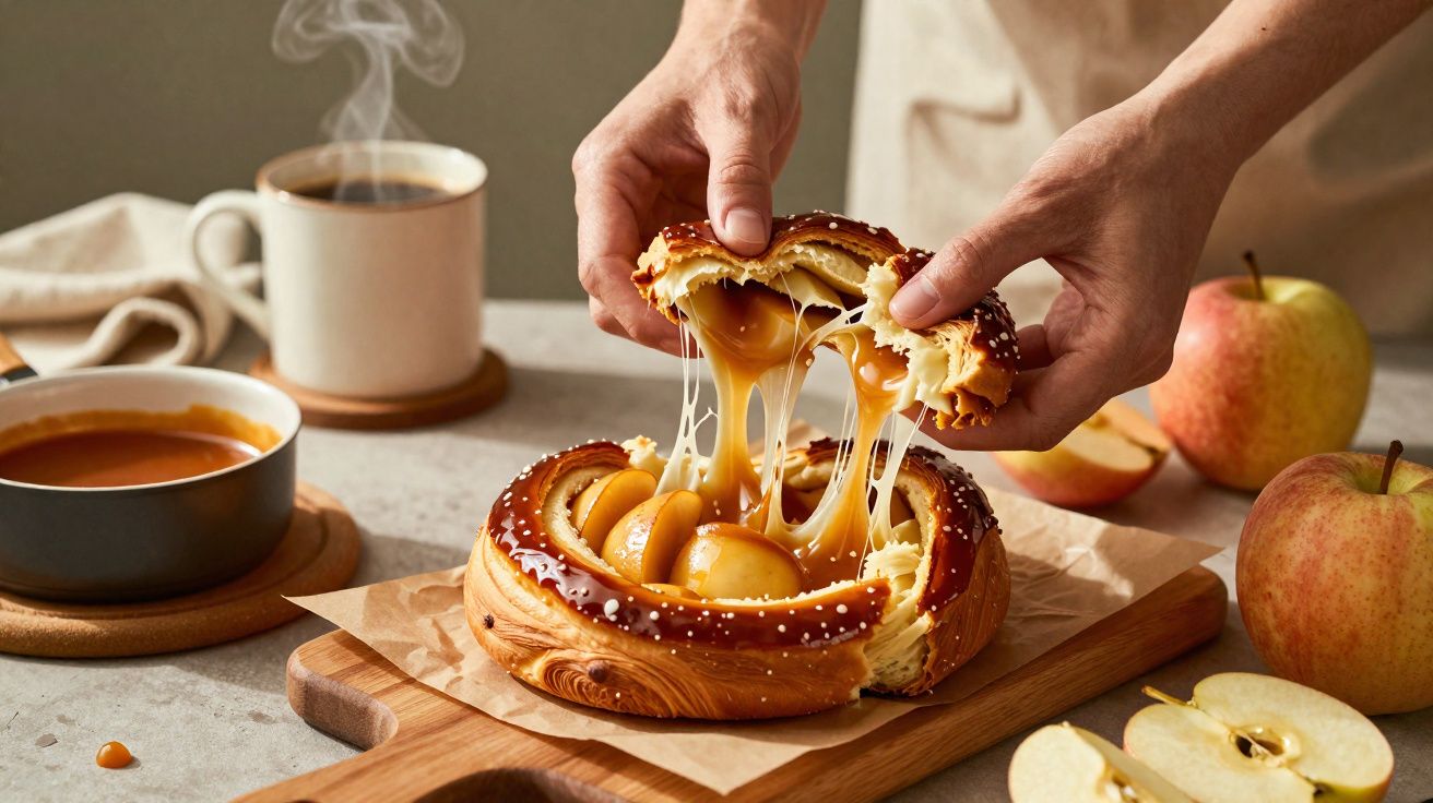 Pessoa puxando pedaço de pão doce com maçãs e caramelo, com café e maçãs ao lado sobre mesa.