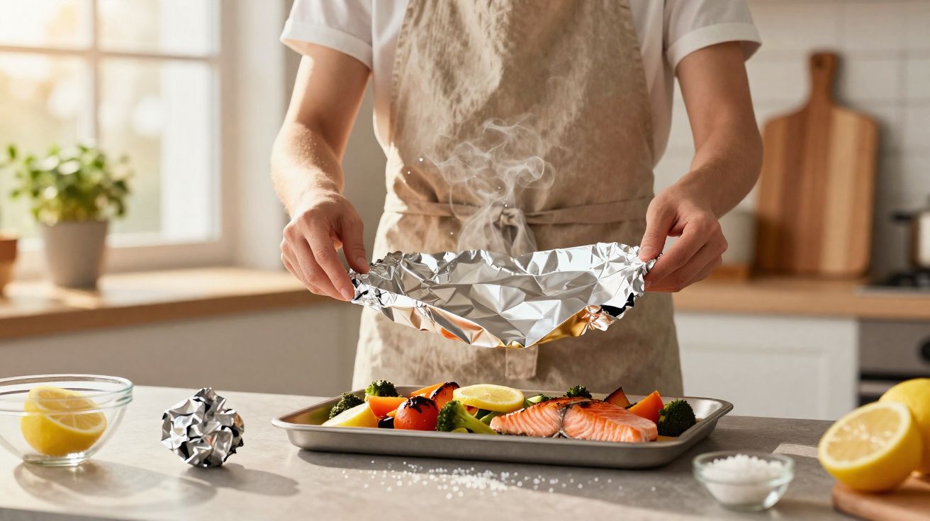 Pessoa tirando papel alumínio de assadeira com salmão e legumes cozidos no vapor na cozinha.