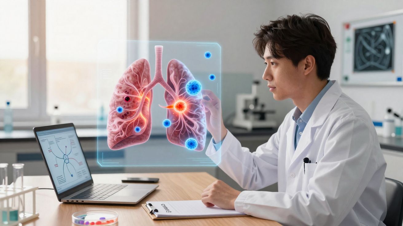 Médico em laboratório analisando holograma dos pulmões com infecção viral em ambiente clínico moderno.