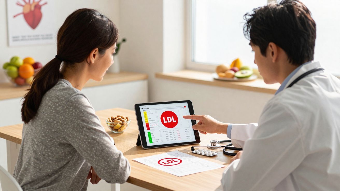 Paciente consulta médico que explica níveis de LDL em exames mostrados em tablet na mesa.