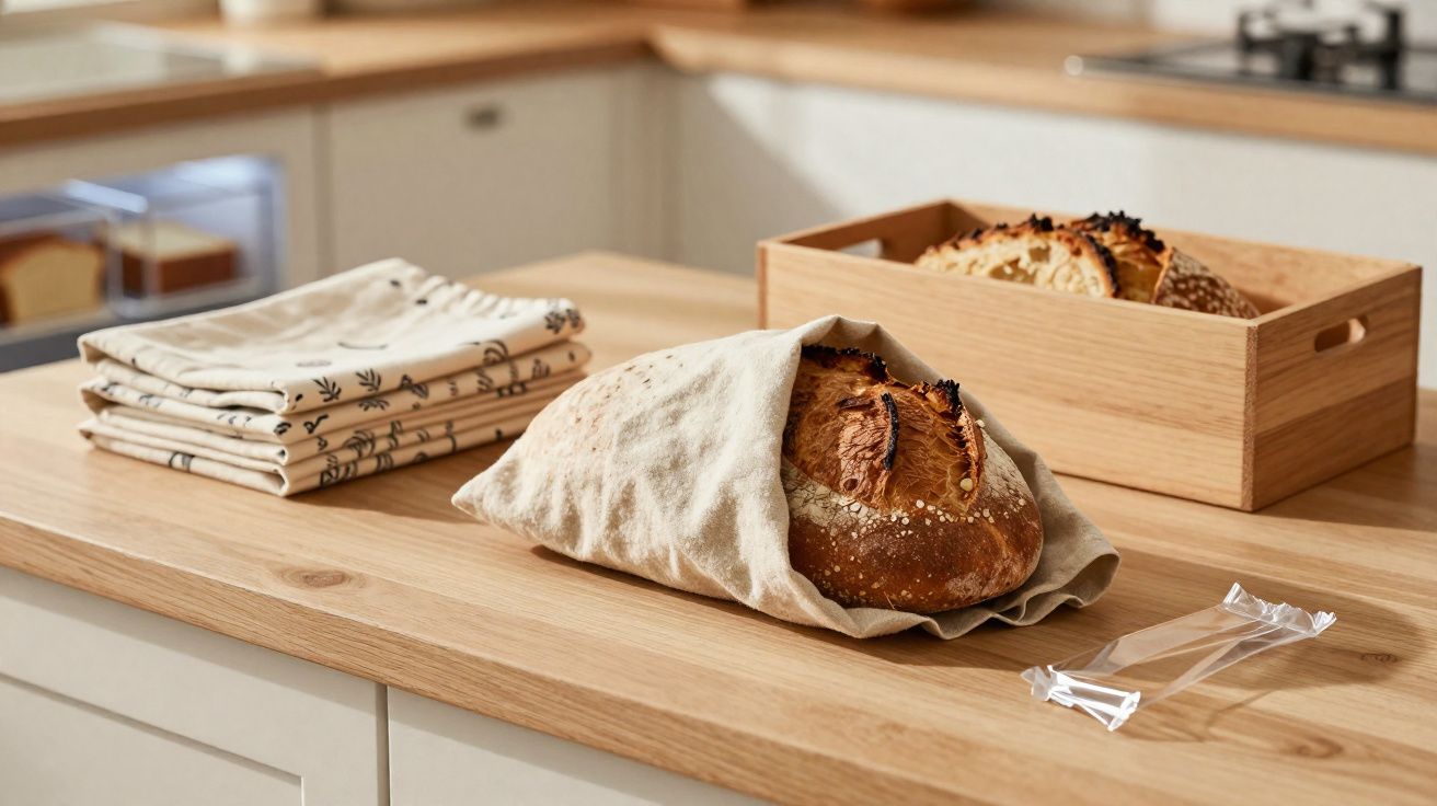 Pães rústicos sobre bancada de madeira em cozinha, com pães embalados em tecido e caixa de madeira ao fundo.