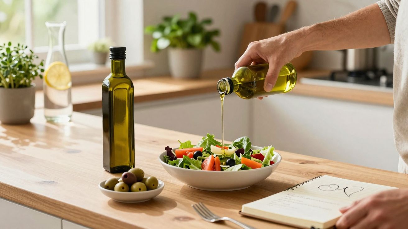 Pessoa derramando azeite em salada em cozinha moderna com azeite, azeitonas e caderno.