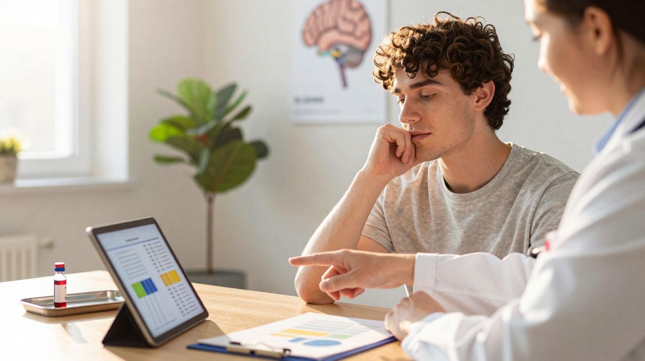 Jovem em consulta médica observa dados no tablet enquanto profissional de saúde aponta informações.