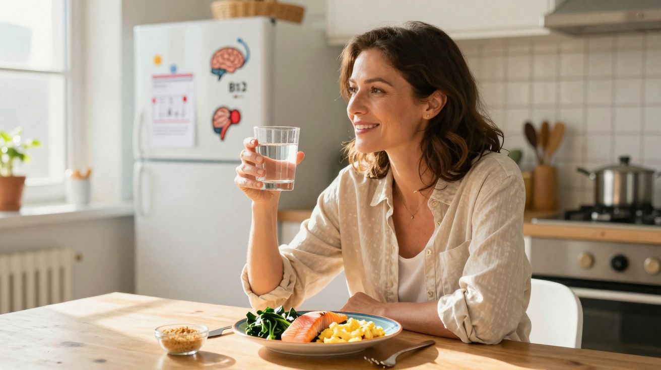 Mulher sorridente sentada à mesa na cozinha segurando copo de água com prato de comida saudável.