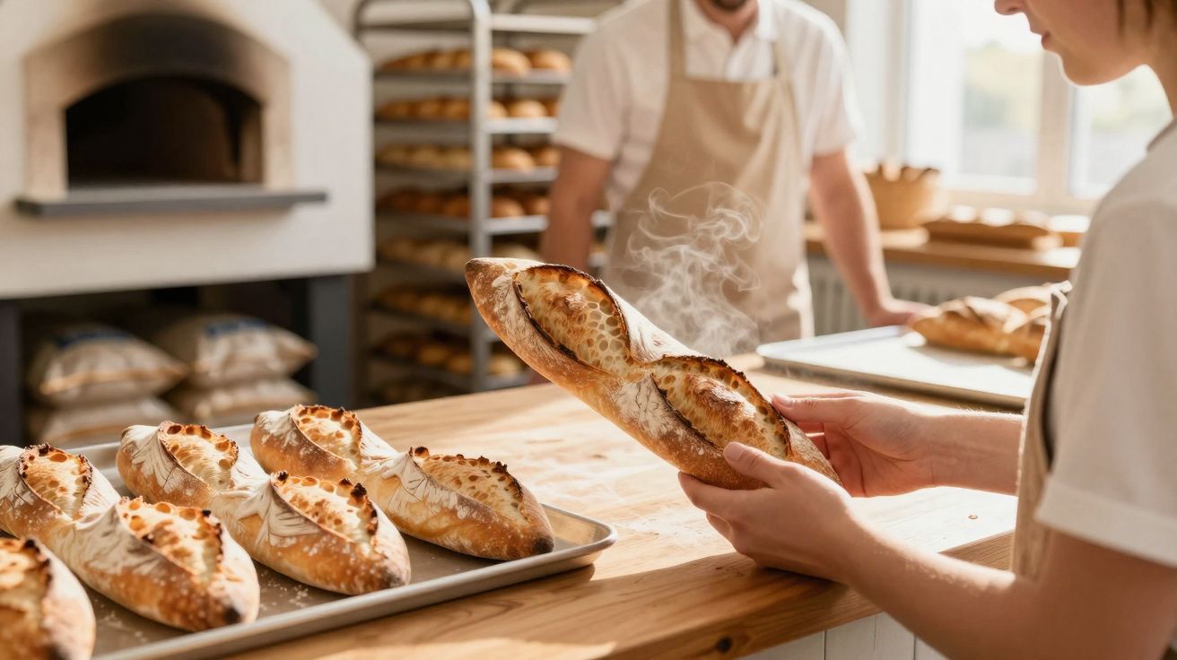 Pessoa segurando pão francês fresco e fumegante em padaria com outros pães ao fundo e forno de pedra.