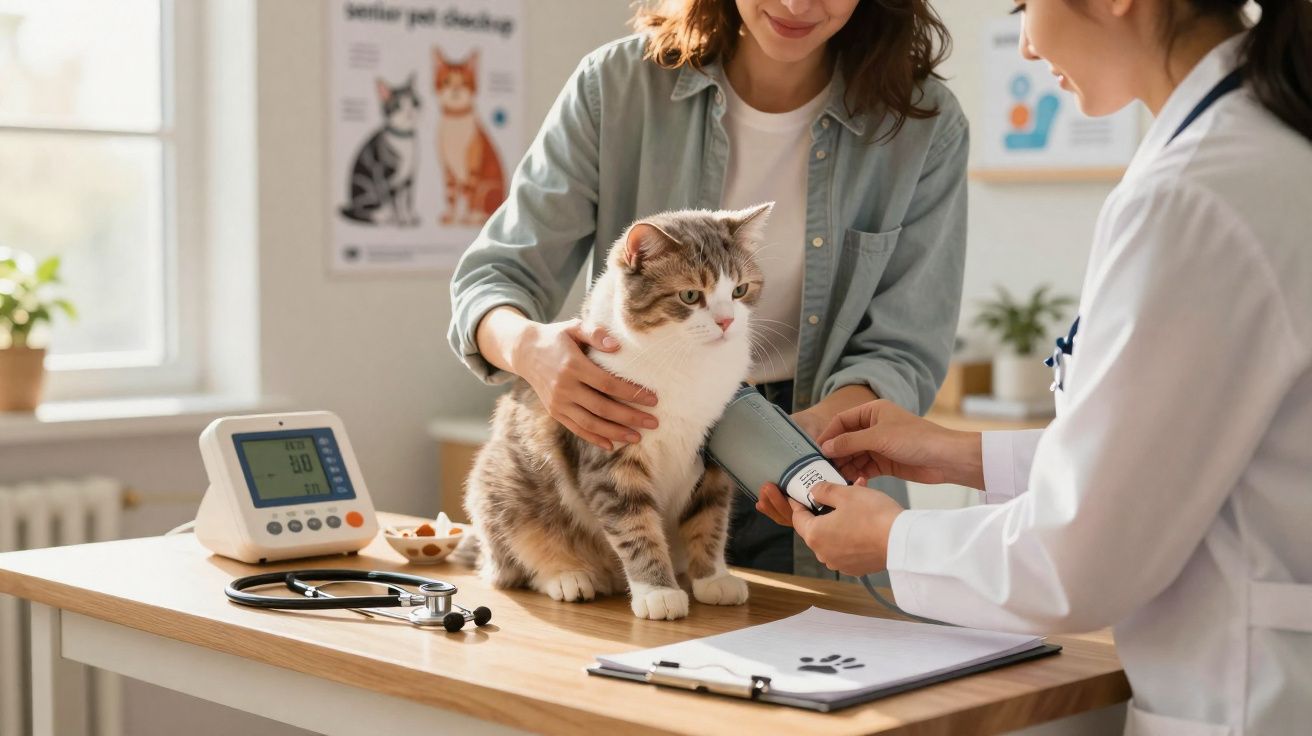 Veterinária medindo pressão arterial de gato cinza e branco em clínica com dona ao lado.