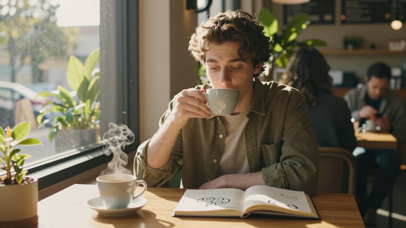 Jovem sentado em cafeteria, bebendo café e lendo livro, com luz natural entrando pela janela.