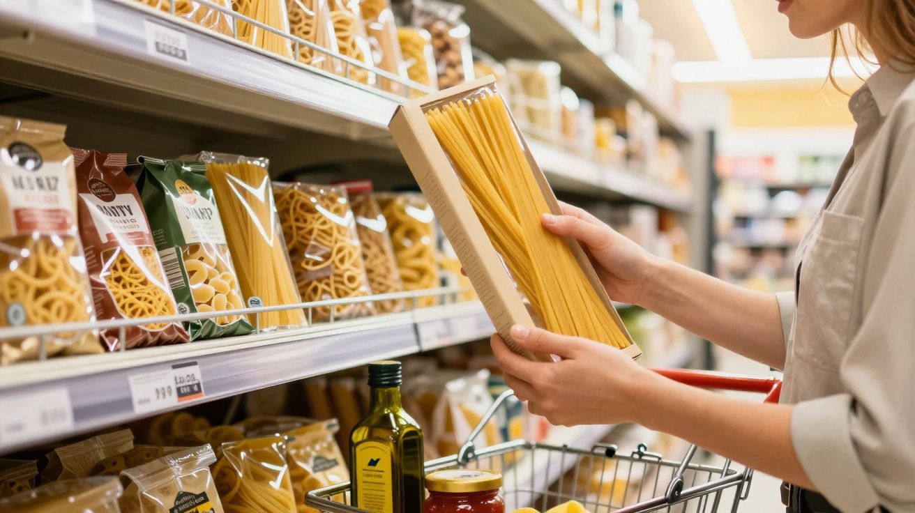 Pessoa segurando pacote de macarrão espaguete em corredor de supermercado, carrinho com garrafa de azeite.