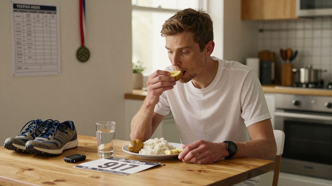 Homem com camiseta branca comendo batata e arroz em cozinha, ao lado tênis, copo d'água e número de corrida.
