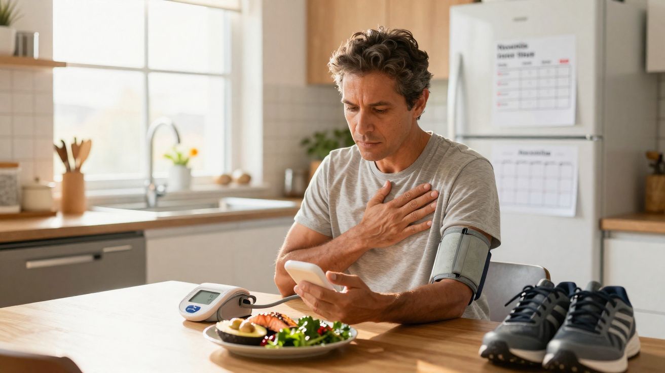 Homem fazendo autoexame de pressão arterial na cozinha enquanto segura o peito, com prato de comida saudável na mesa.