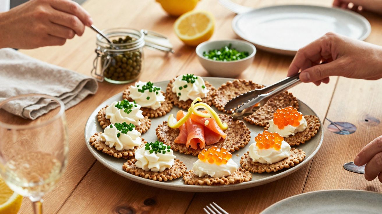 Pessoa servindo crackers com creme, cebolinha, salmão defumado e ovas em prato sobre mesa de madeira.