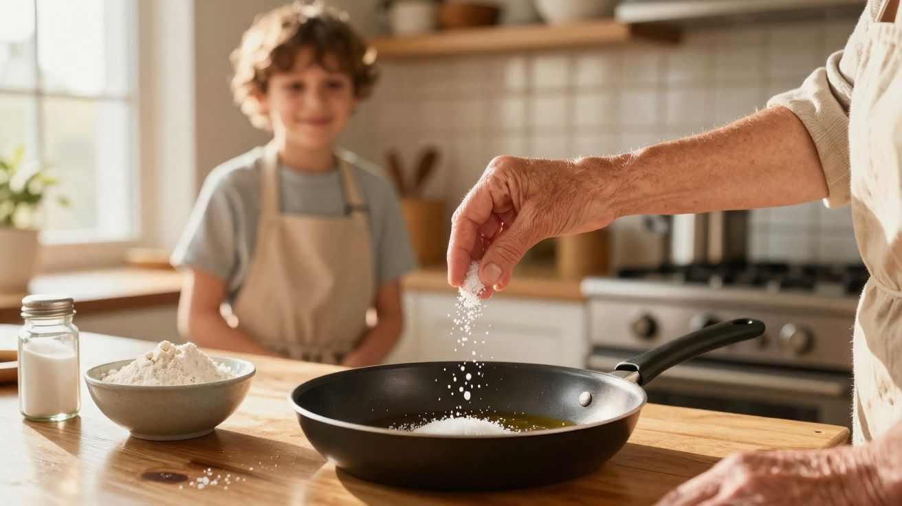 Pessoa adicionando sal em frigideira enquanto criança observa na cozinha iluminada pela manhã.