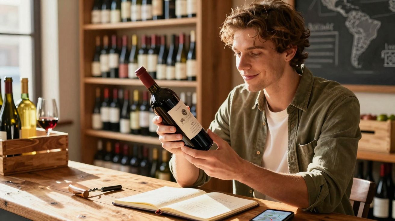 Homem analisando rótulo de vinho tinto em loja com prateleiras cheias de garrafas ao fundo.