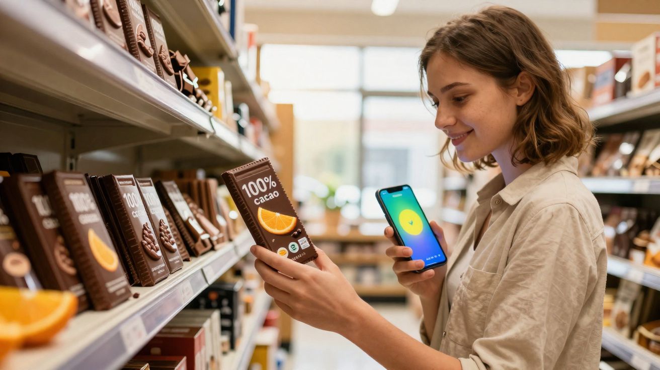Mulher sorridente segurando barra de chocolate 100% cacau enquanto consulta celular em supermercado.