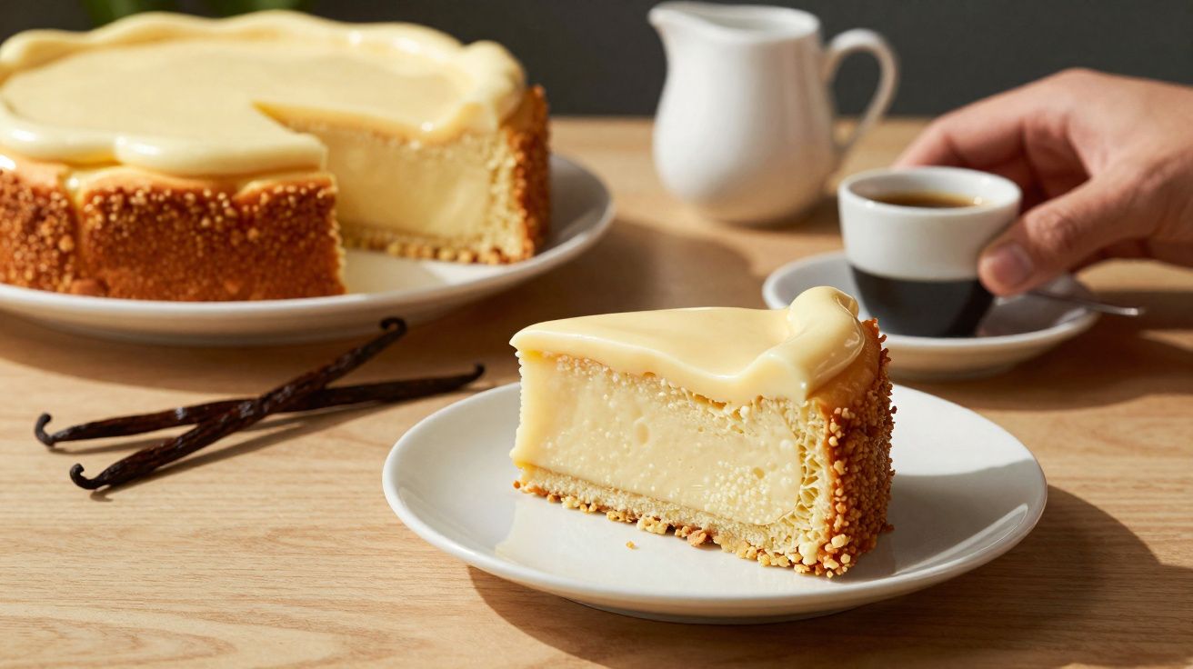 Fatia de cheesecake com cobertura cremosa em prato branco, café espresso e duas vagens de baunilha sobre mesa de madeira.