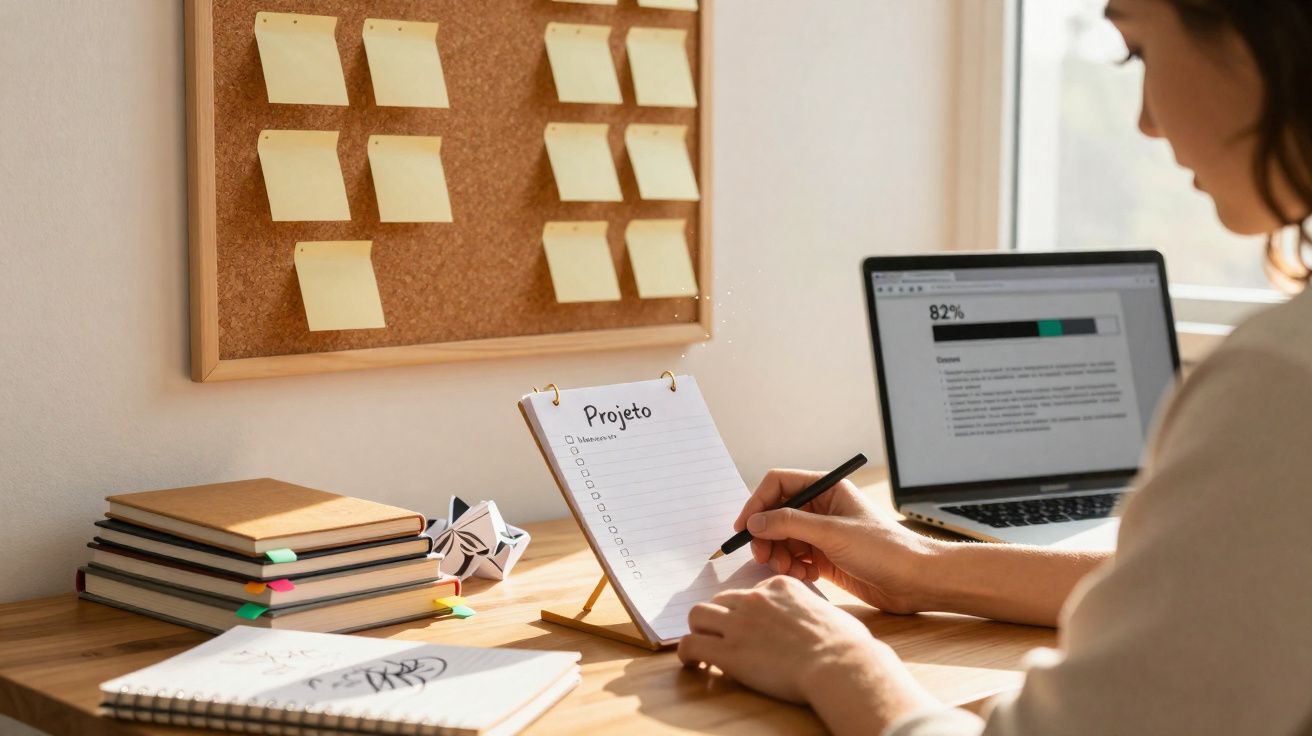 Pessoa escrevendo em bloco de notas com a palavra "Projeto", com notebooks, quadro de avisos e laptop ao fundo.