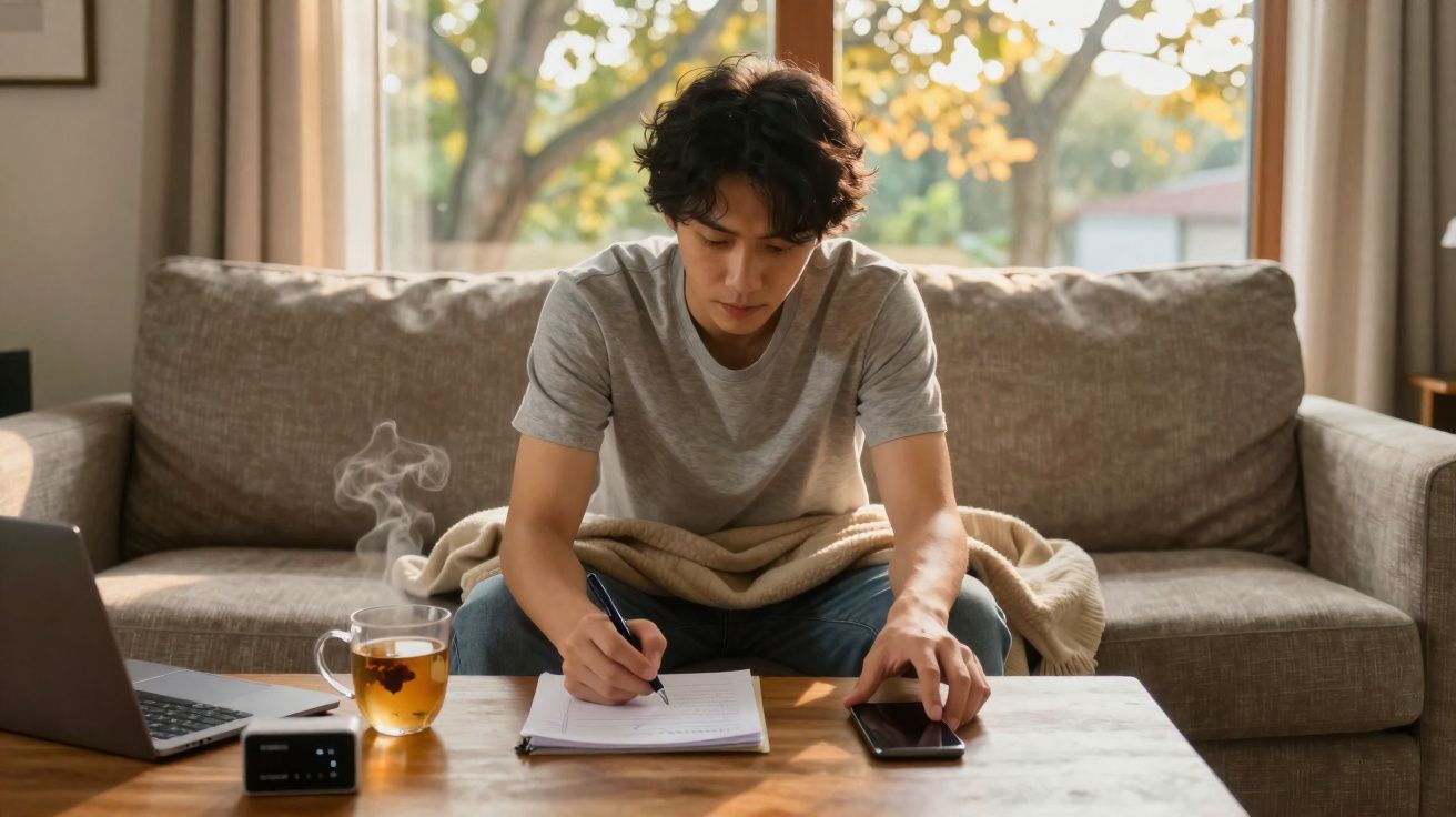 Homem sentado no sofá escrevendo em caderno e segurando celular, com laptop e chá na mesa à sua frente.