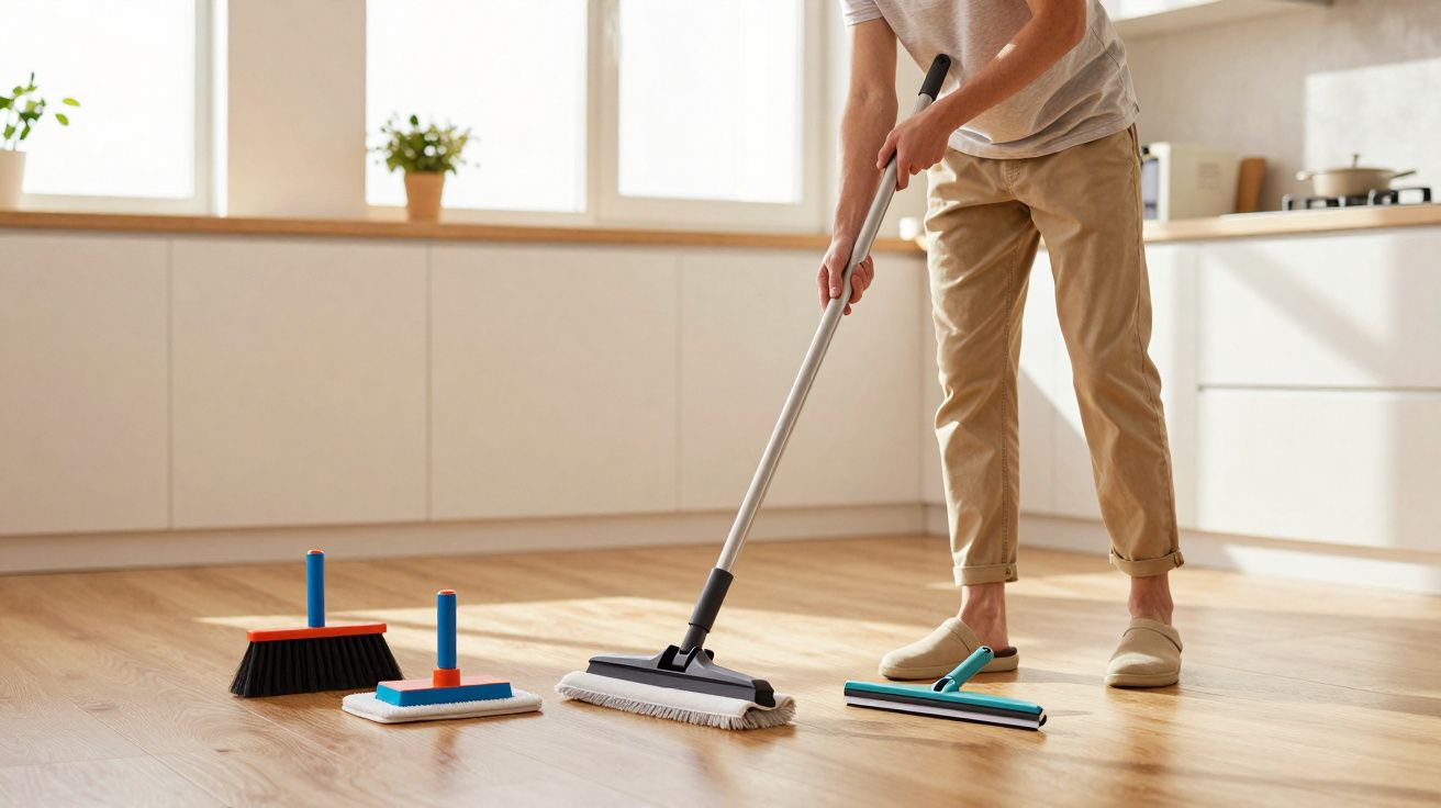 Pessoa limpando piso de madeira clara em cozinha moderna com diferentes tipos de vassouras e esfregonas.