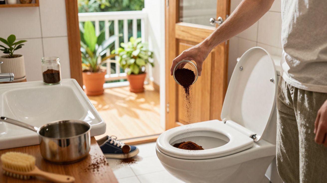 Pessoa despejando borra de café no vaso sanitário em banheiro com planta e utensílios visíveis.
