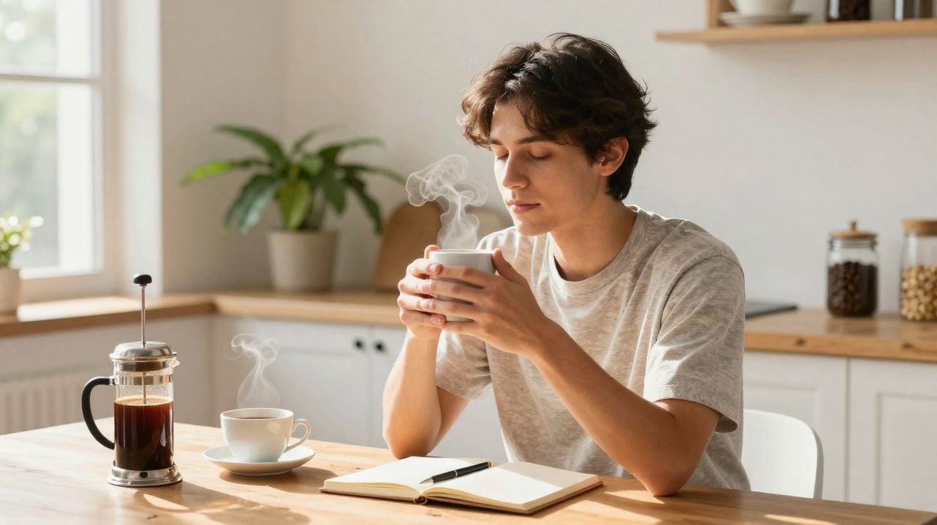 Jovem sentado à mesa, segurando xícara de café quente, com caderno aberto e prensa francesa à sua frente.