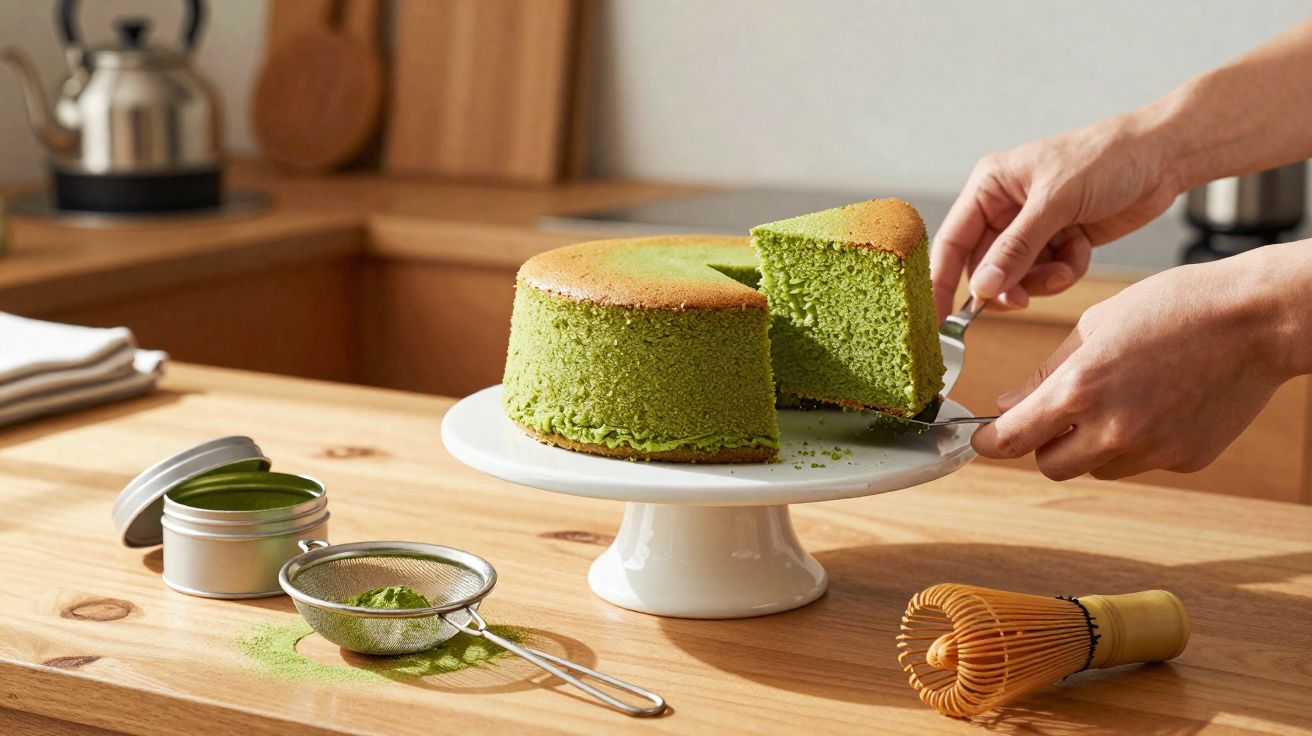 Bolo verde sendo cortado sobre suporte branco com peneira, pó verde e batedor de chá na mesa de madeira.
