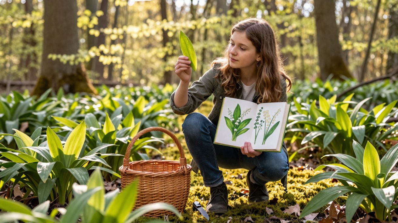Menina ajoelhada em floresta compara folha colhida com ilustração em livro de plantas, com cesta ao lado.