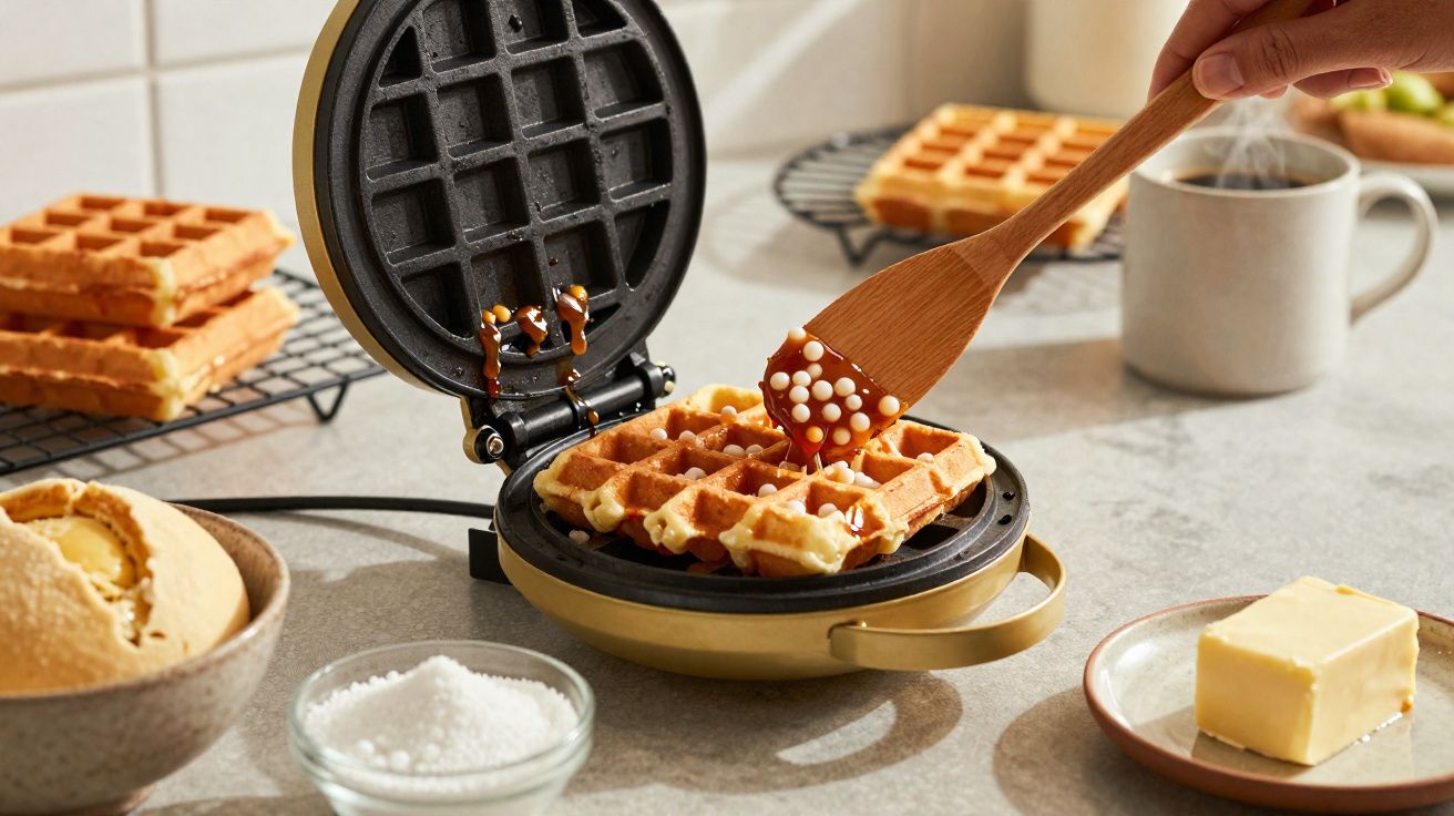 Waffle sendo coberto com calda de chocolate em máquina de waffle na cozinha iluminada.