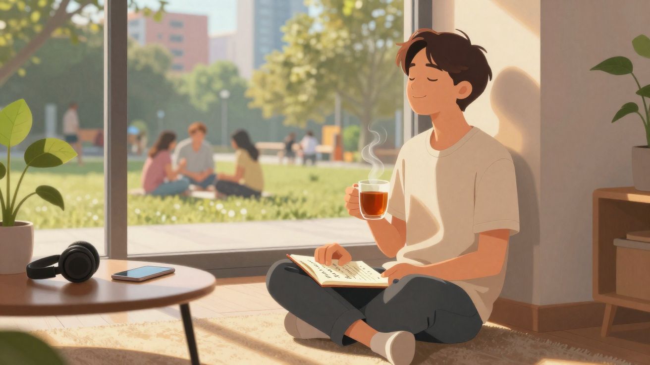 Pessoa sentada no chão lendo livro e tomando chá em ambiente claro com vista para parque ao fundo.