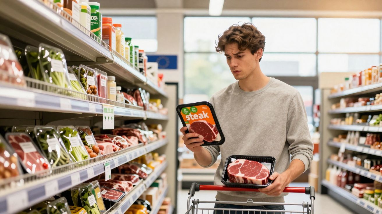 Homem vestido com camiseta cinza segura dois pacotes de carne em supermercado, em meio a prateleiras.