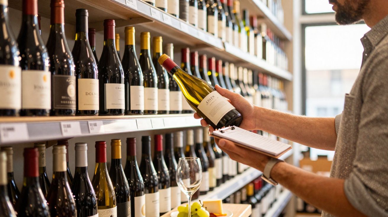 Pessoa segurando uma garrafa de vinho branco em loja com prateleiras cheias de vinhos e uma taça sobre balcão.