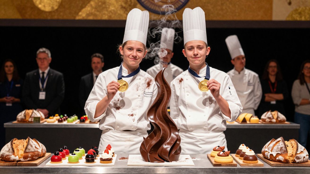 Dois jovens chefs com medalhas douradas exibem sobremesas e escultura de chocolate em competição culinária.
