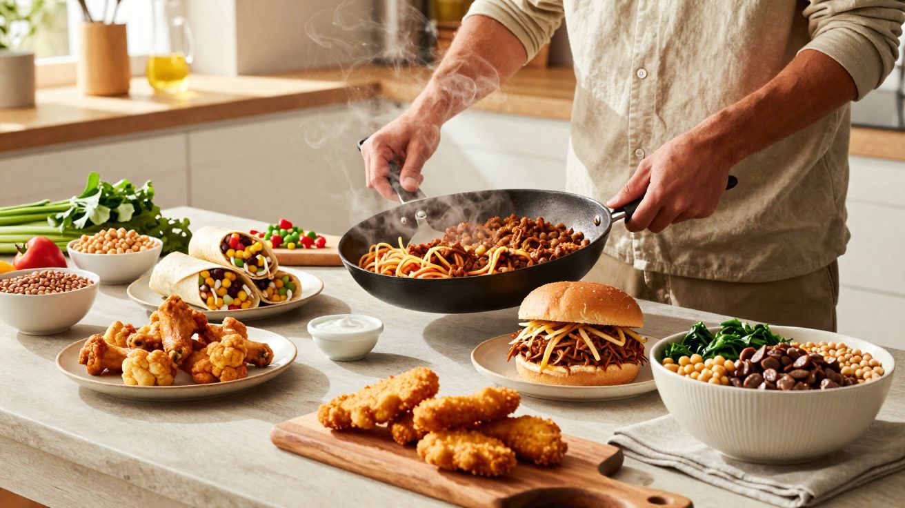 Pessoa mexendo espaguete com molho em frigideira com pratos variados e ingredientes sobre bancada de cozinha.
