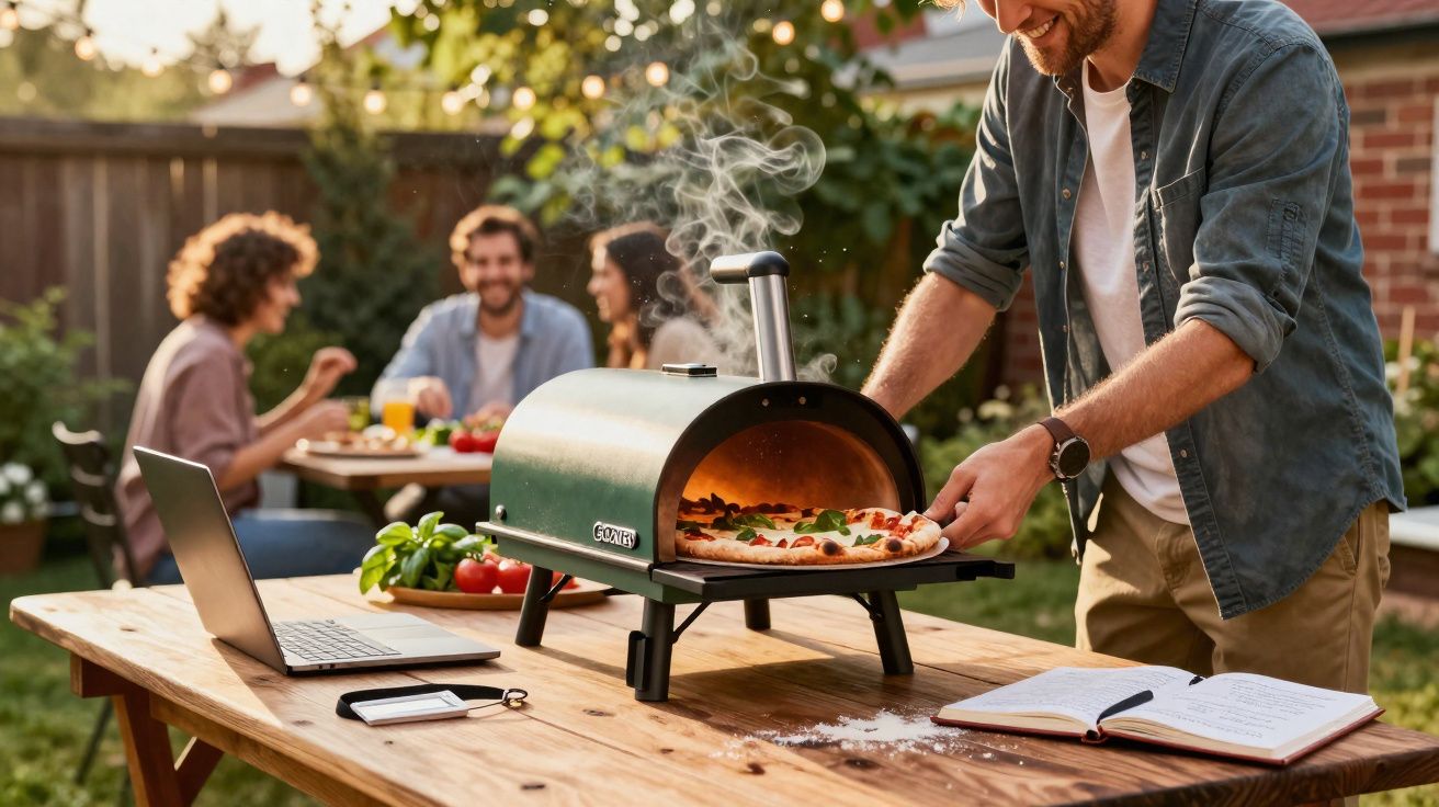 Homem retirando pizza de forno portátil em mesa ao ar livre, com grupo social ao fundo.
