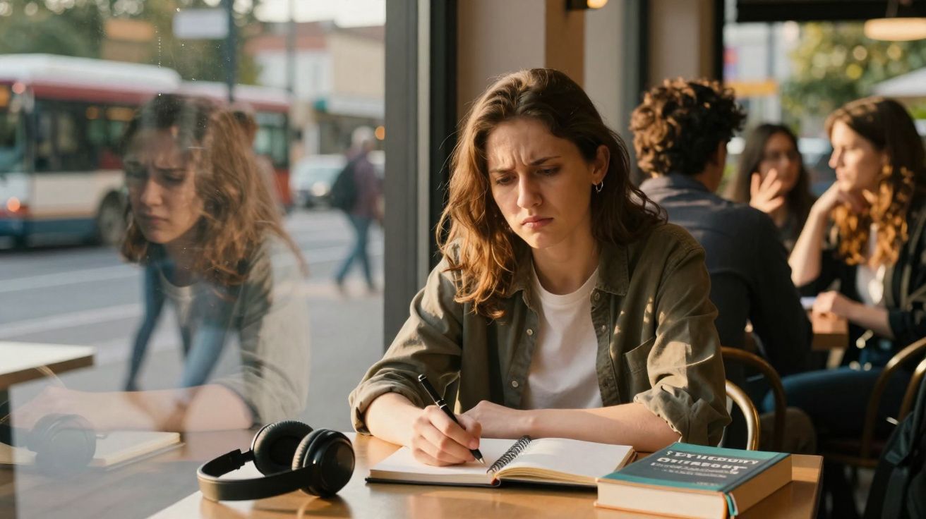 Jovem mulher concentrada escrevendo em caderno no café, com fones de ouvido e livro sobre a mesa.
