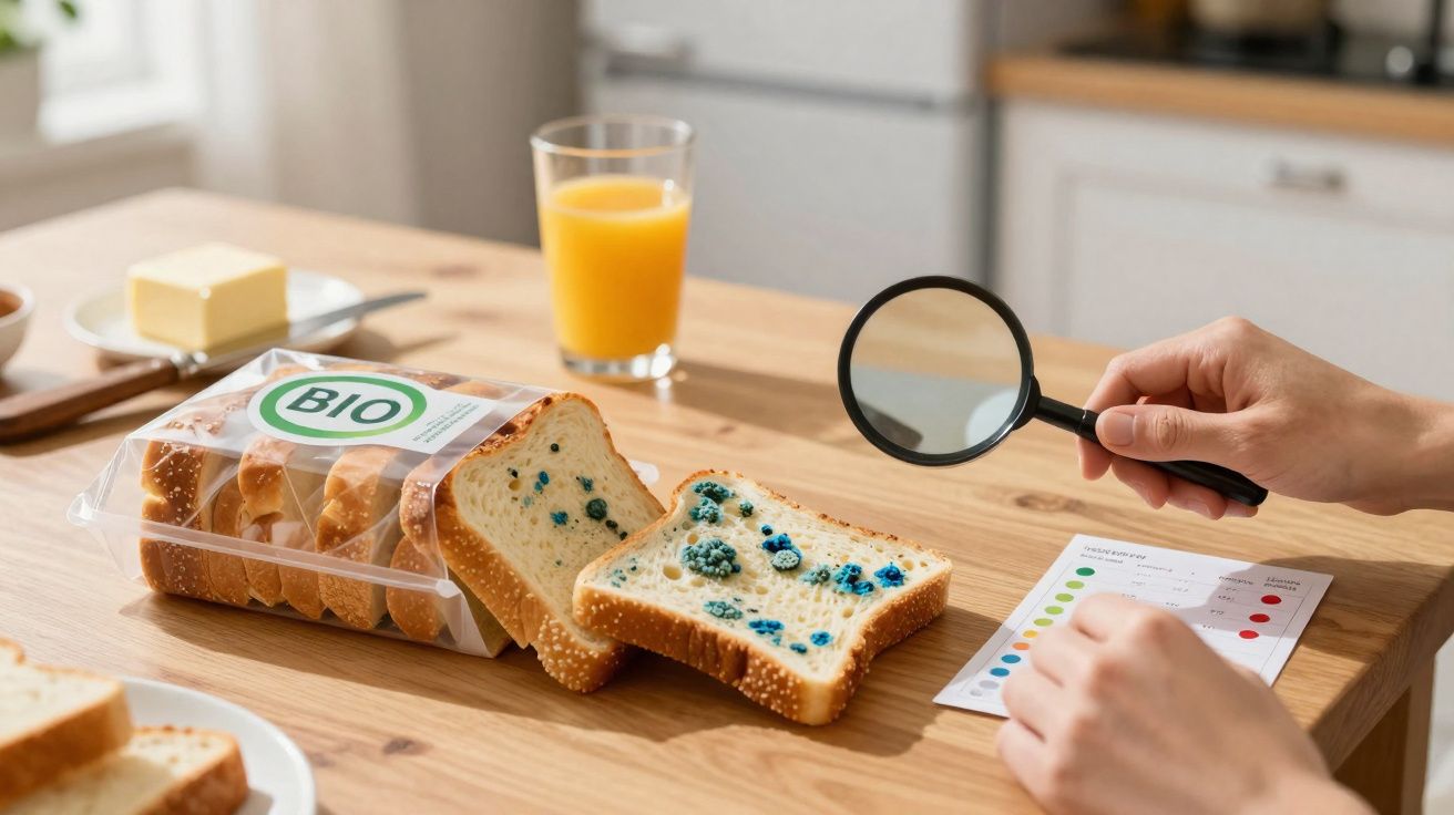 Pessoa usando lupa para examinar fatias de pão com mofo azul sobre mesa de madeira com suco e tabela colorida ao fundo.