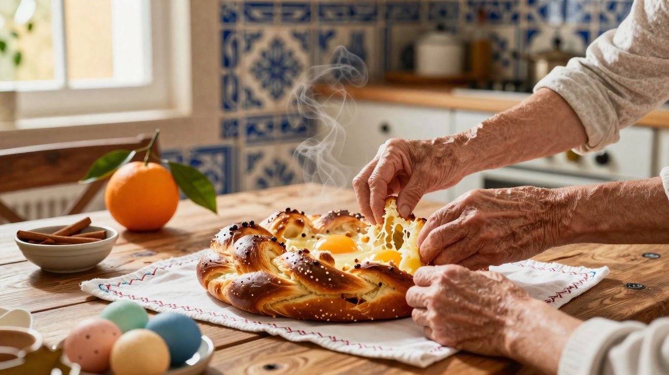 Mãos envelhecidas quebrando pão doce trançado com ovo no centro sobre mesa de madeira.