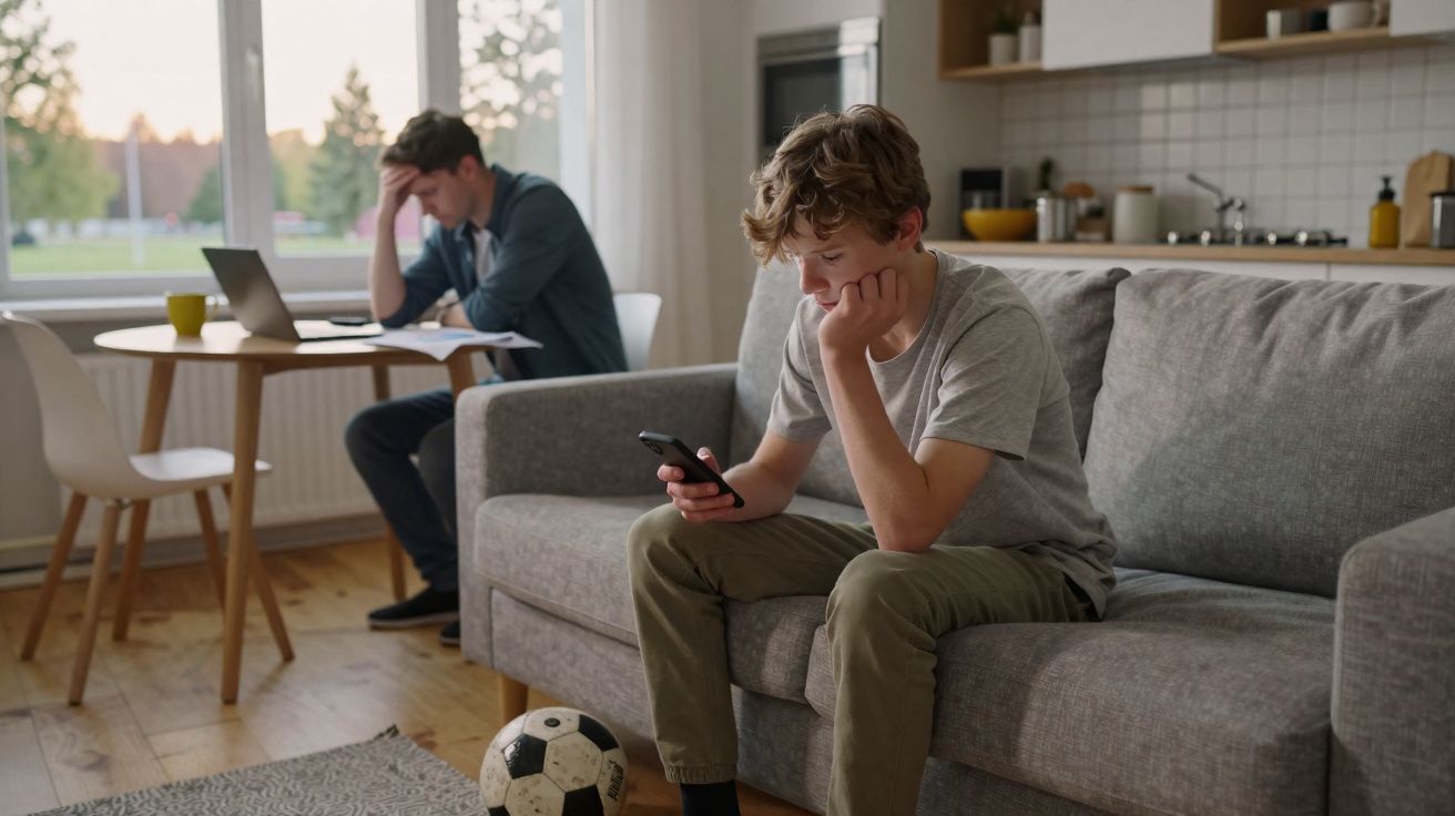 Jovem sentado no sofá com celular e bola de futebol no chão; homem ao fundo sentado à mesa com laptop.
