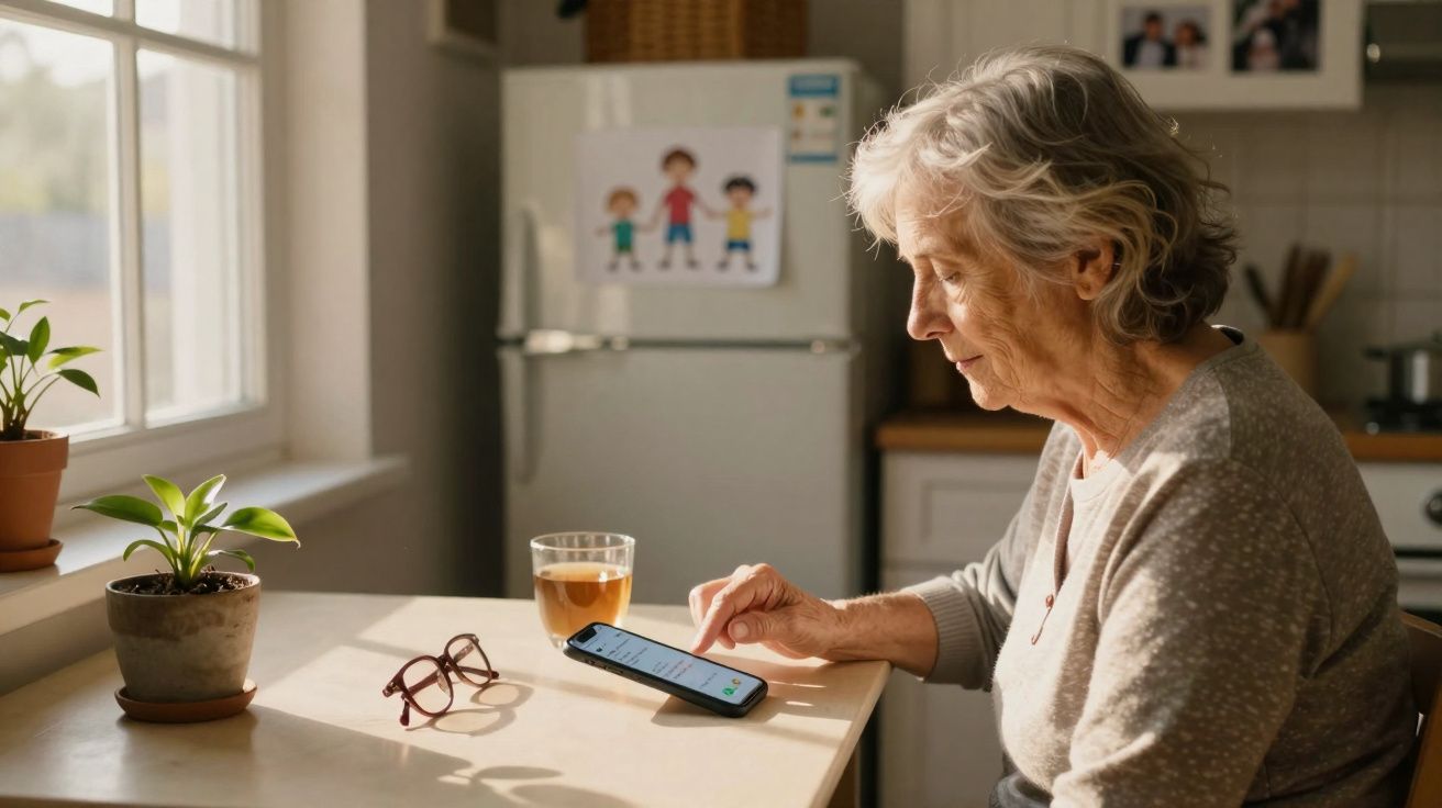 Mulher idosa sentada à mesa em cozinha iluminada, usando celular, com óculos, copo de chá e plantas.