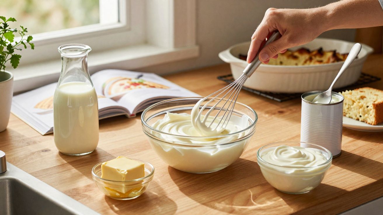 Mão mexendo creme branco com batedor em tigela de vidro, manteiga, leite, livro de receitas e bolo no fundo.