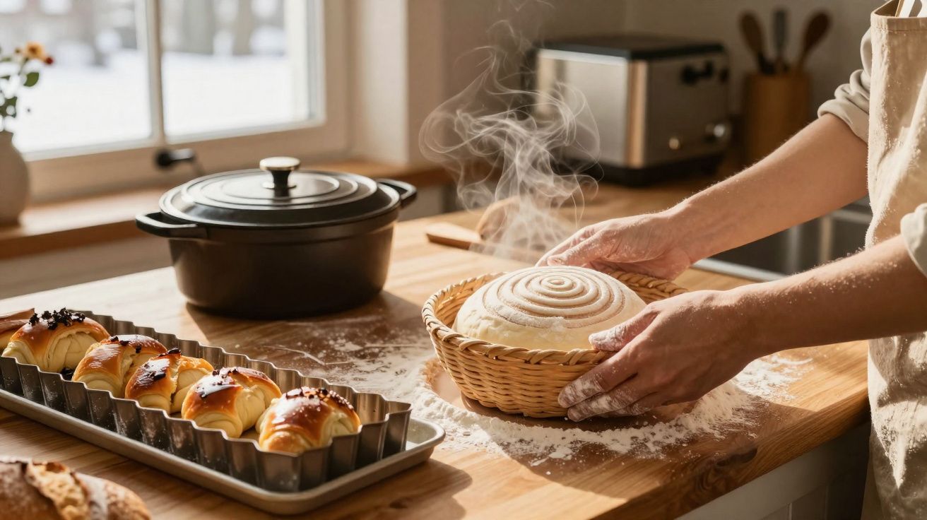 Pessoa moldando massa de pão em cesto, ao lado de pão assado em forno e assadeira com pães doces.