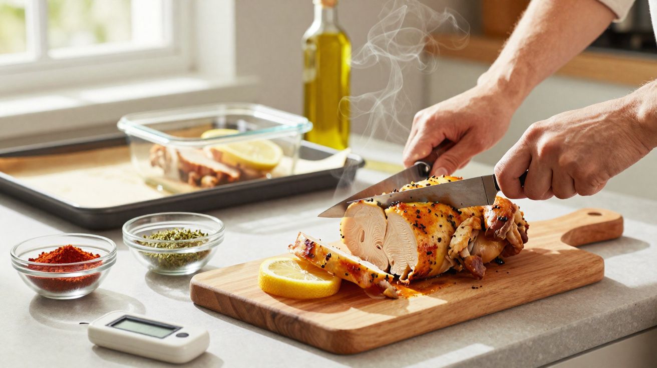 Pessoa cortando frango assado fumegante em tábua de madeira com fatia de limão e temperos ao lado.