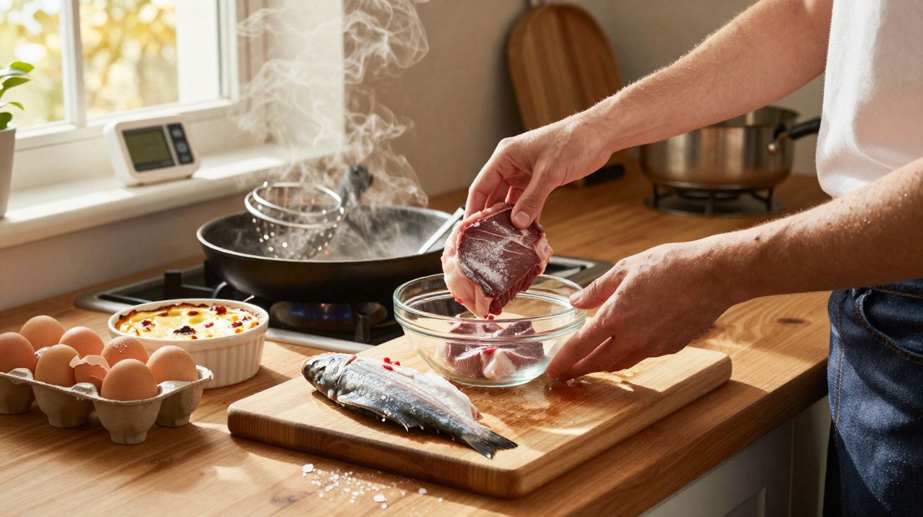 Pessoa preparando carne e peixe em tábua de corte na cozinha com ovos, prato gratinado e frigideira ao fundo.