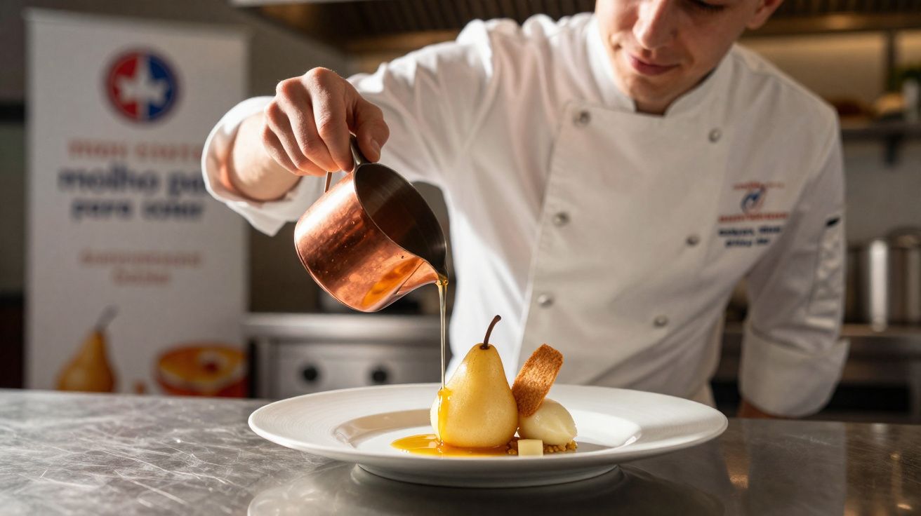Chef derramando calda sobre pera cozida servida com sorvete e biscoito em prato branco na cozinha.